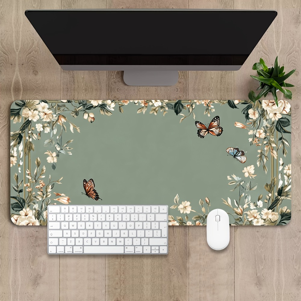 Desk Setup Art - Plantentafelmat met vlinderpatroon en groen bloemendesign,